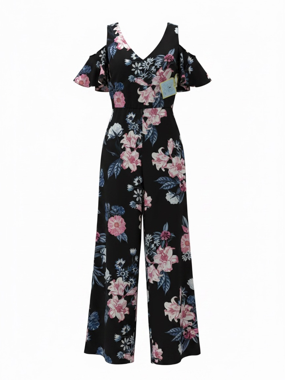 Cece Black Floral Wide Leg Cold Shoulder Jumpsuit